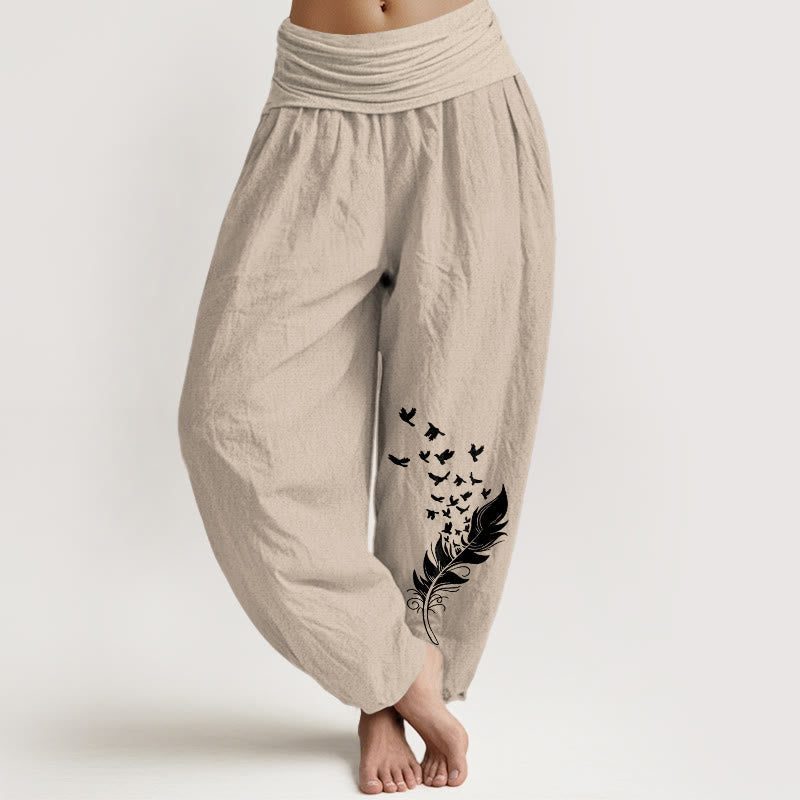 Nimara Ritual Pure Cotton Vivid Bird Feather Pattern Women's Elastic Waist Harem Pants