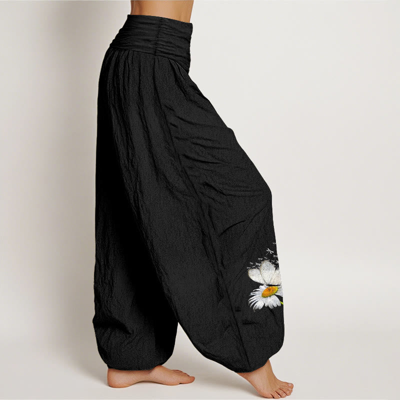 Nimara Ritual Pure Cotton Elegant Daisy Butterfly Dragonfly Pattern Women's Elastic Waist Harem Pants