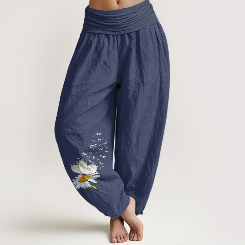 Nimara Ritual Pure Cotton Elegant Daisy Butterfly Dragonfly Pattern Women's Elastic Waist Harem Pants