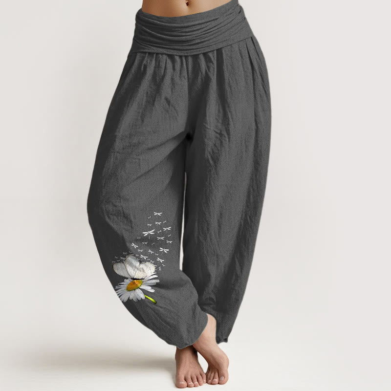 Nimara Ritual Pure Cotton Elegant Daisy Butterfly Dragonfly Pattern Women's Elastic Waist Harem Pants