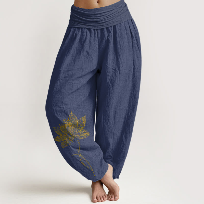 Nimara Ritual Pure Cotton Elegant Lotus Flower Pattern Women's Elastic Waist Harem Pants