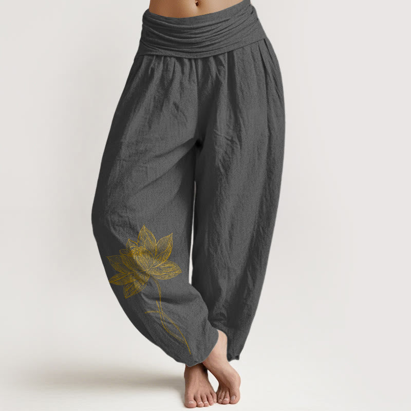 Nimara Ritual Pure Cotton Elegant Lotus Flower Pattern Women's Elastic Waist Harem Pants