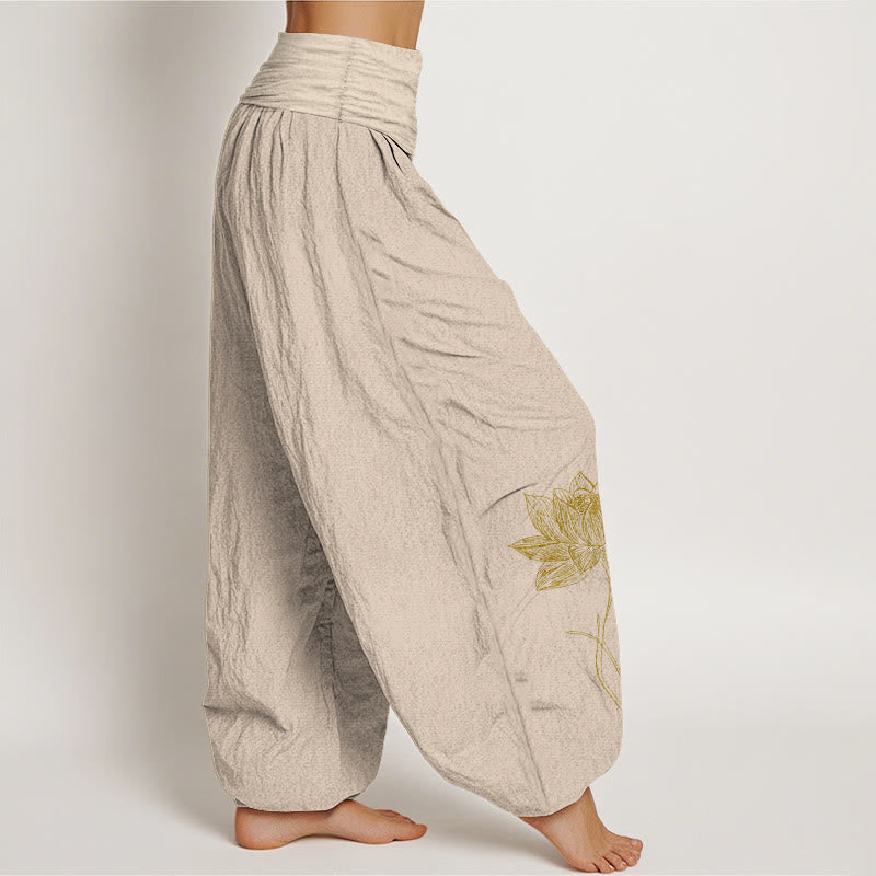 Nimara Ritual Pure Cotton Elegant Lotus Flower Pattern Women's Elastic Waist Harem Pants