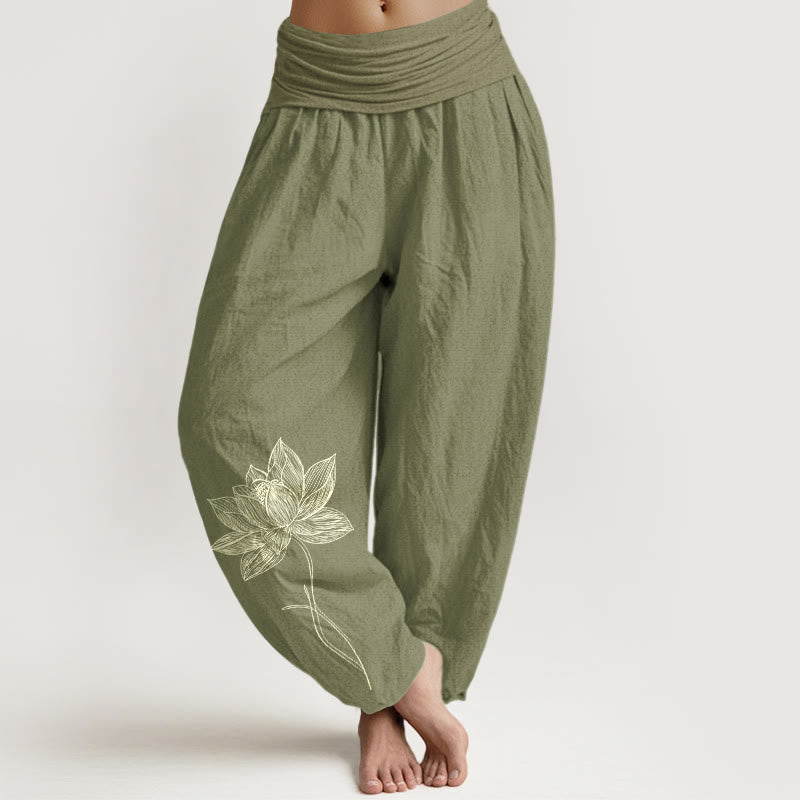 Nimara Ritual Pure Cotton Elegant Lotus Flower Pattern Women's Elastic Waist Harem Pants
