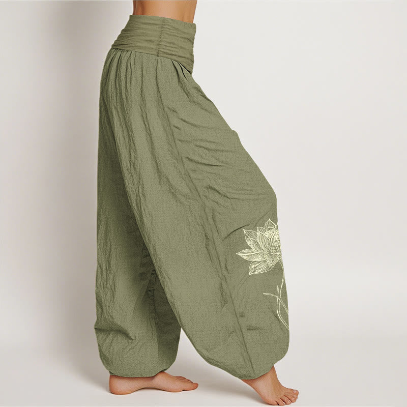 Nimara Ritual Pure Cotton Elegant Lotus Flower Pattern Women's Elastic Waist Harem Pants
