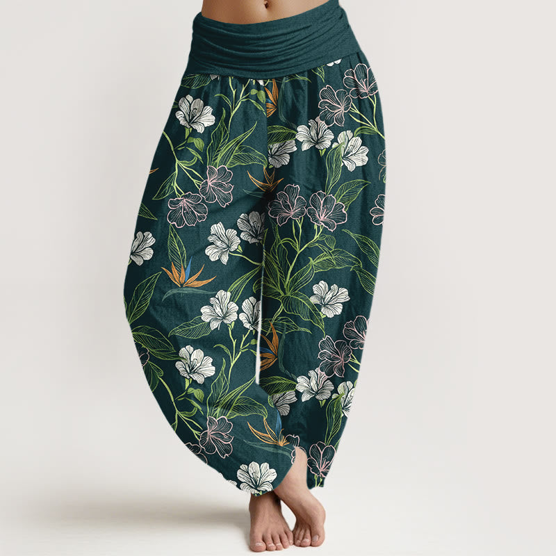 Nimara Ritual Cotton Contrasting Colors Flower Leaf Pattern Women's Elastic Waist Harem Pants