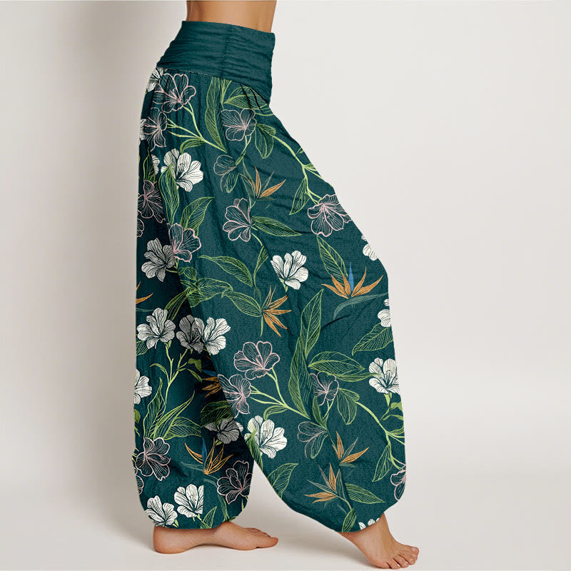 Nimara Ritual Cotton Contrasting Colors Flower Leaf Pattern Women's Elastic Waist Harem Pants