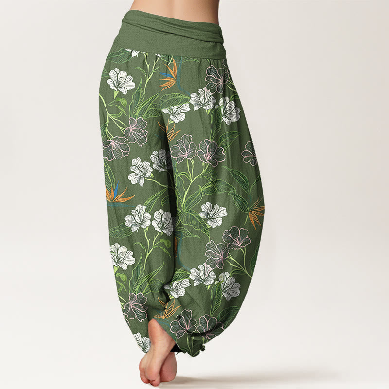 Nimara Ritual Cotton Contrasting Colors Flower Leaf Pattern Women's Elastic Waist Harem Pants