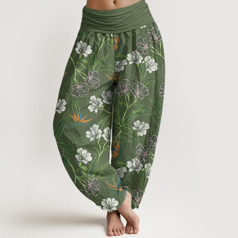 Nimara Ritual Cotton Contrasting Colors Flower Leaf Pattern Women's Elastic Waist Harem Pants