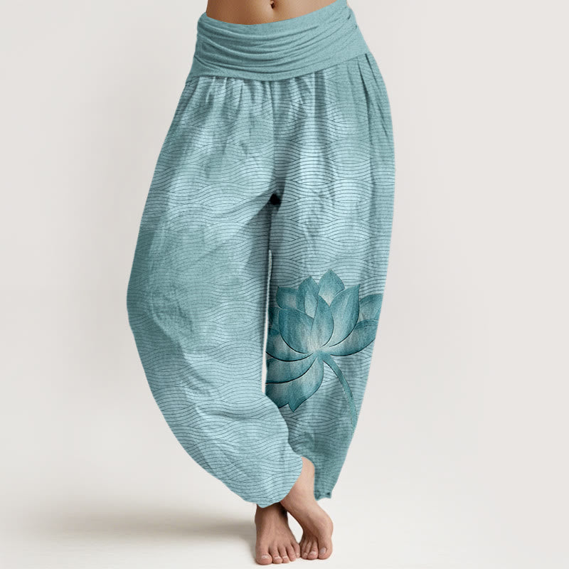 Nimara Ritual Cotton Light Color Lotus Wavy Lines Pattern Women's Elastic Waist Harem Pants