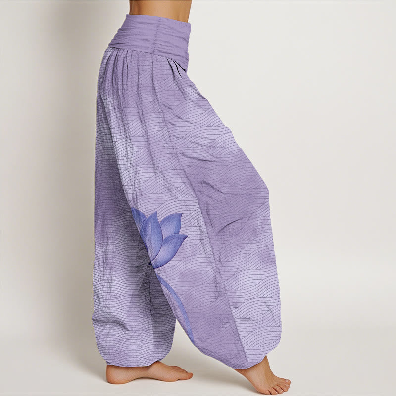 Nimara Ritual Cotton Light Color Lotus Wavy Lines Pattern Women's Elastic Waist Harem Pants