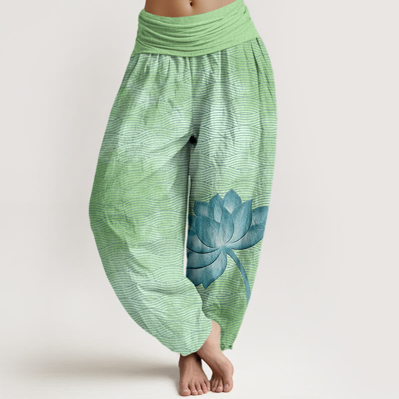 Nimara Ritual Cotton Light Color Lotus Wavy Lines Pattern Women's Elastic Waist Harem Pants