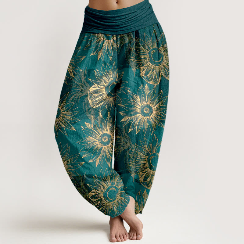 Nimara Ritual Cotton Retro Print Flower Pattern Women's Elastic Waist Harem Pants