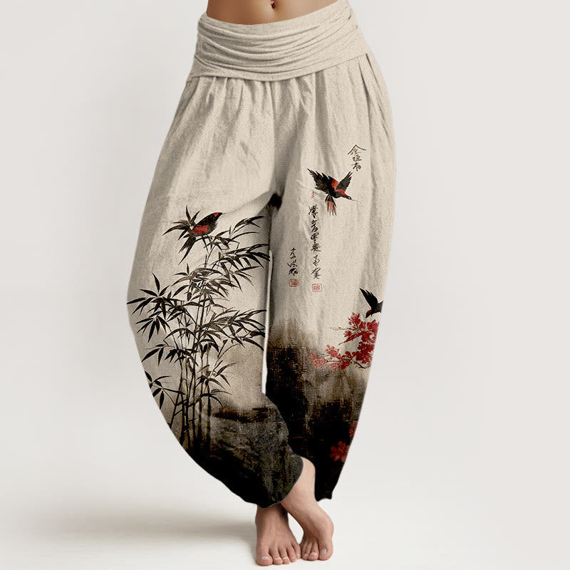 Nimara Ritual Cotton Classical Bamboo Bird Flower Pattern Women's Elastic Waist Harem Pants