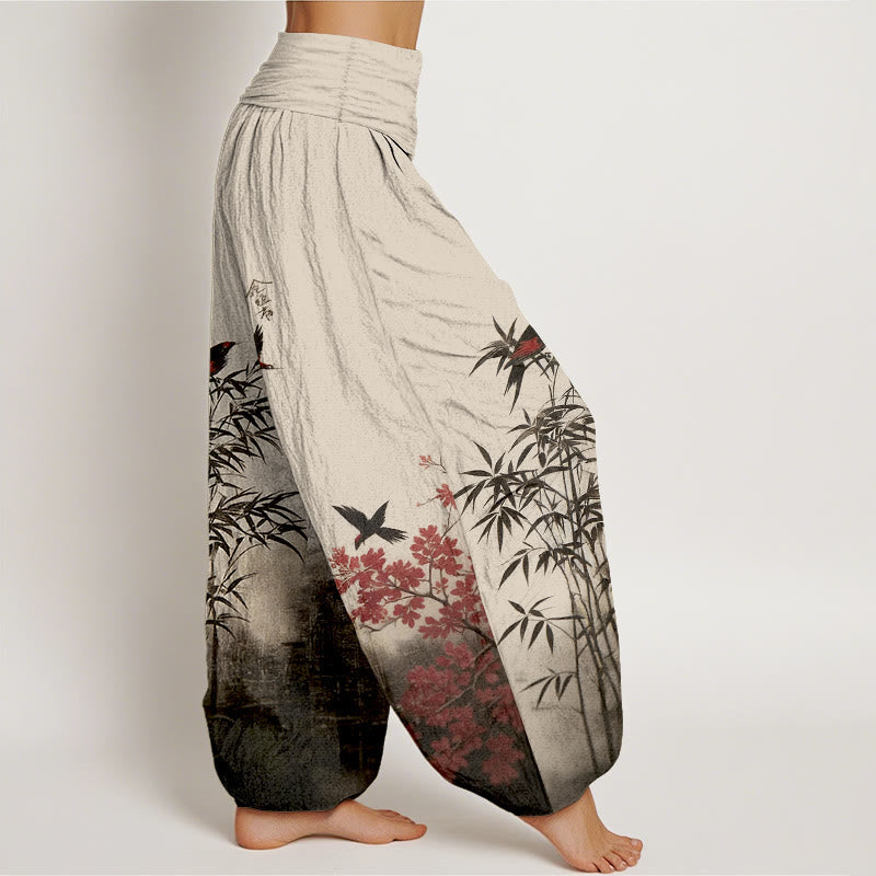 Nimara Ritual Cotton Classical Bamboo Bird Flower Pattern Women's Elastic Waist Harem Pants