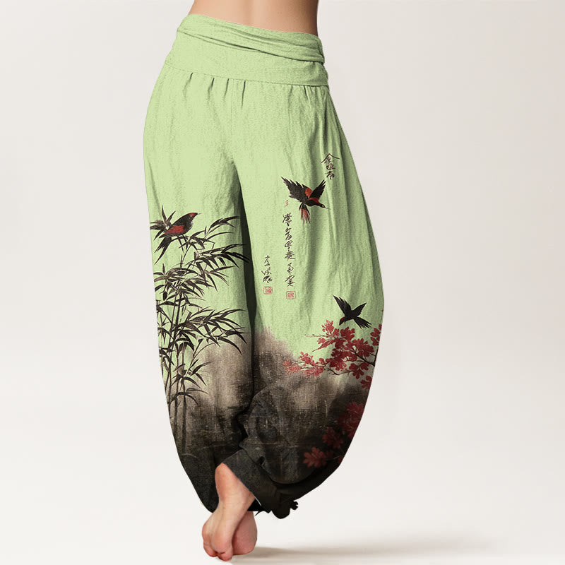 Nimara Ritual Cotton Classical Bamboo Bird Flower Pattern Women's Elastic Waist Harem Pants