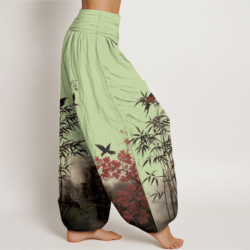Nimara Ritual Cotton Classical Bamboo Bird Flower Pattern Women's Elastic Waist Harem Pants