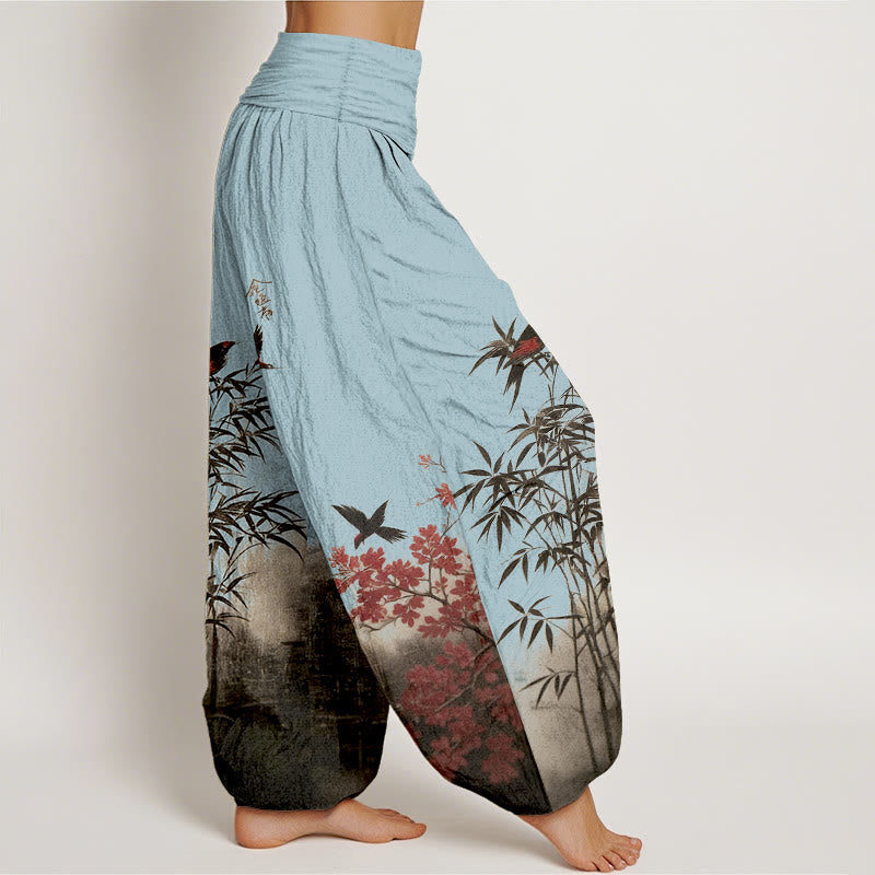 Nimara Ritual Cotton Classical Bamboo Bird Flower Pattern Women's Elastic Waist Harem Pants