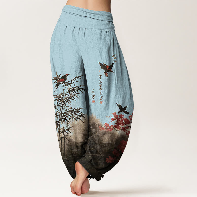 Nimara Ritual Cotton Classical Bamboo Bird Flower Pattern Women's Elastic Waist Harem Pants
