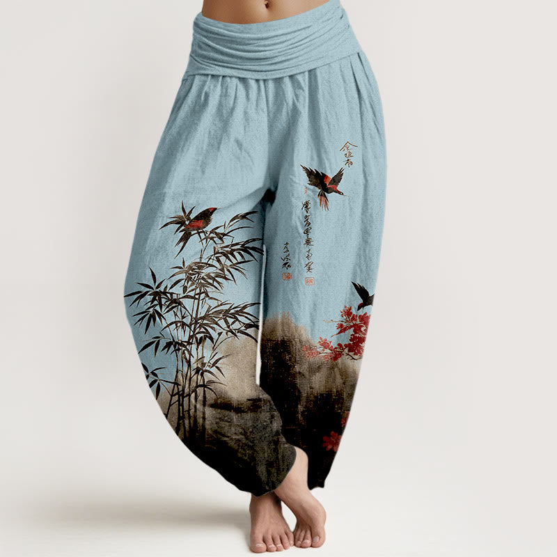 Nimara Ritual Cotton Classical Bamboo Bird Flower Pattern Women's Elastic Waist Harem Pants
