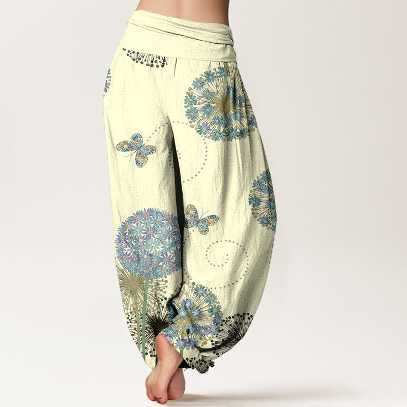 Nimara Ritual Cotton Dreamlike Dandelion Butterfly Pattern Women's Elastic Waist Harem Pants