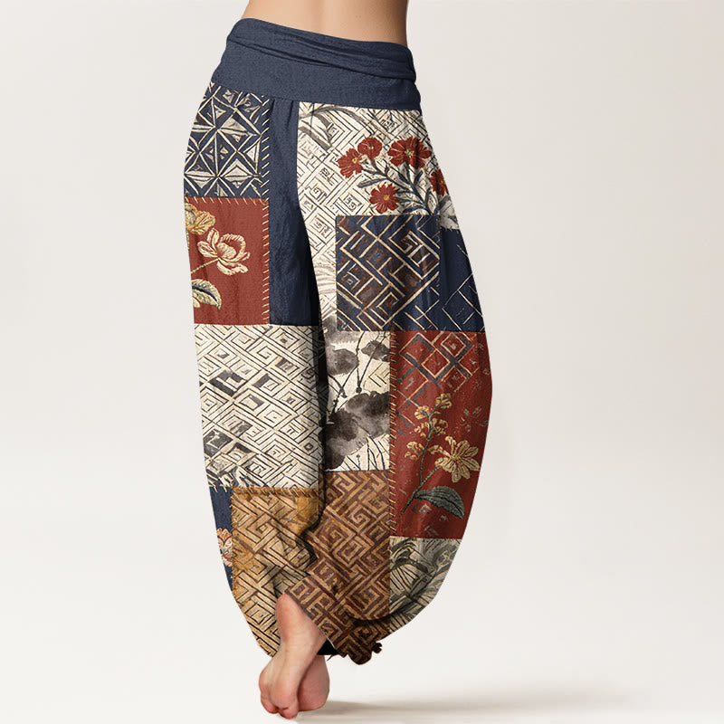 Nimara Ritual Cotton Color Blocking Design Flower Geometry Pattern Women's Elastic Waist Harem Pants