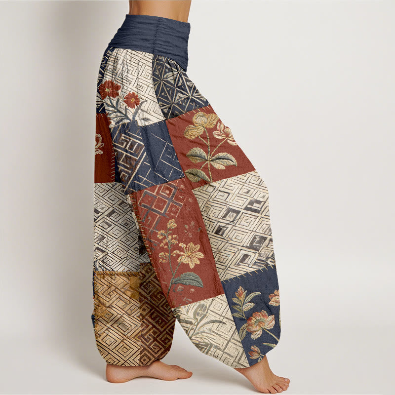 Nimara Ritual Cotton Color Blocking Design Flower Geometry Pattern Women's Elastic Waist Harem Pants