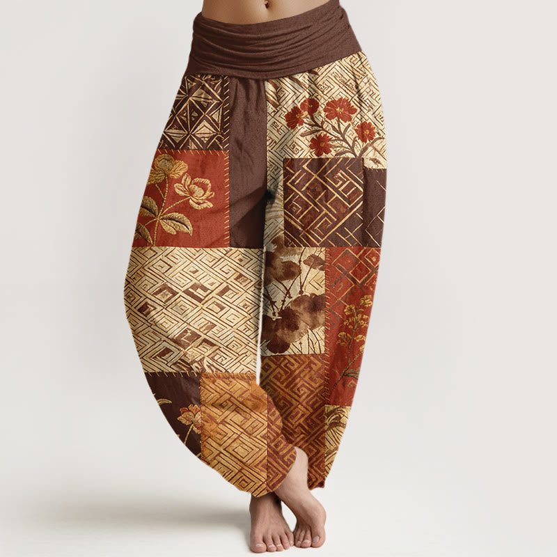 Nimara Ritual Cotton Color Blocking Design Flower Geometry Pattern Women's Elastic Waist Harem Pants