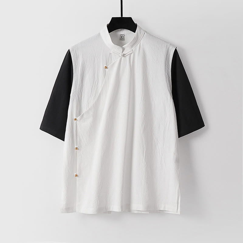 Nimara Ritual Summer 2 In 1 Stripes Stand Collar Short Sleeve Frog-Button Men's Cotton Shirt