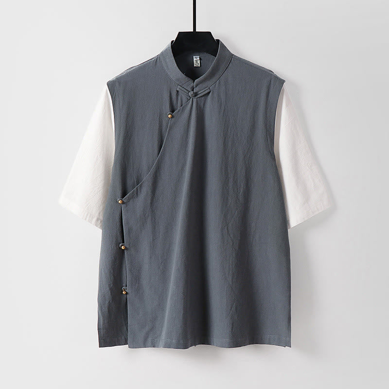 Nimara Ritual Summer 2 In 1 Stripes Stand Collar Short Sleeve Frog-Button Men's Cotton Shirt