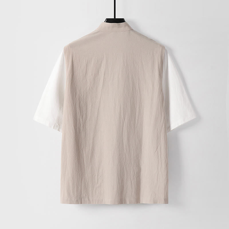 Nimara Ritual Summer 2 In 1 Stripes Stand Collar Short Sleeve Frog-Button Men's Cotton Shirt