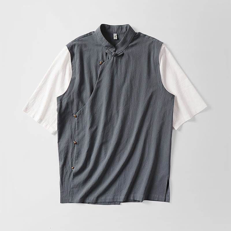 Nimara Ritual Summer 2 In 1 Stripes Stand Collar Short Sleeve Frog-Button Men's Cotton Shirt
