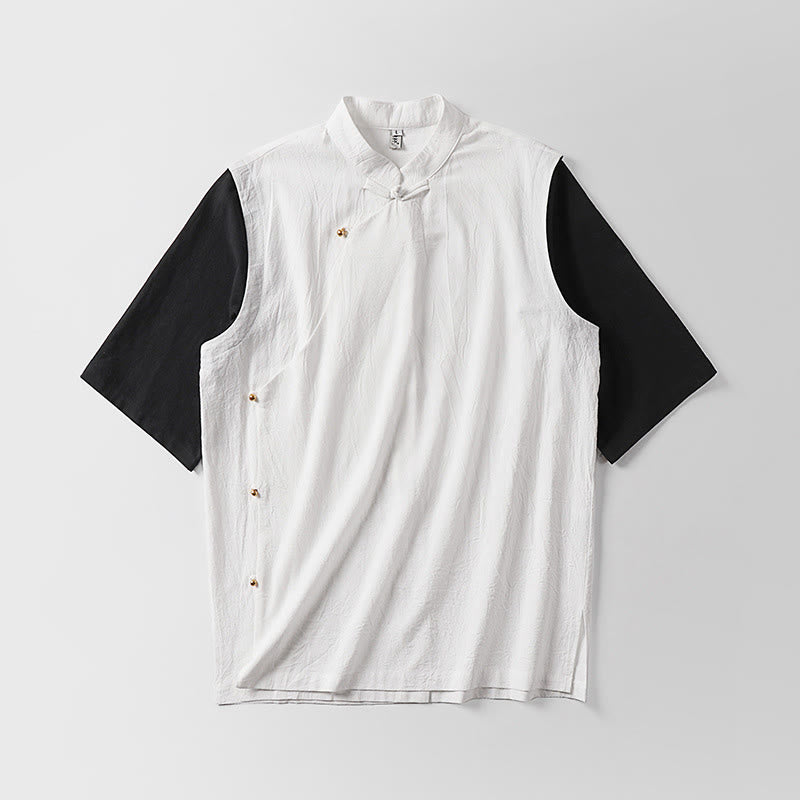 Nimara Ritual Summer 2 In 1 Stripes Stand Collar Short Sleeve Frog-Button Men's Cotton Shirt