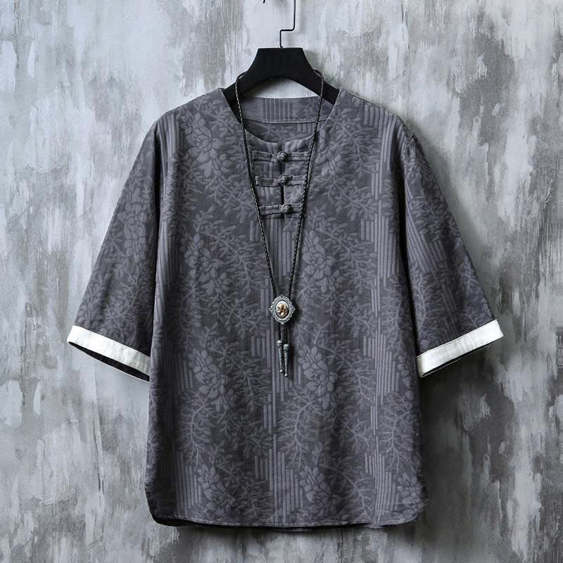 Nimara Ritual Summer Floral Pattern Frog-Button Half Sleeve Cotton Men's Shirt