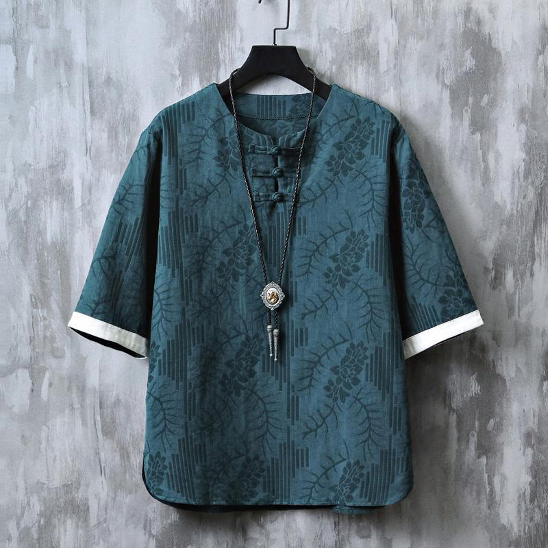 Nimara Ritual Summer Floral Pattern Frog-Button Half Sleeve Cotton Men's Shirt