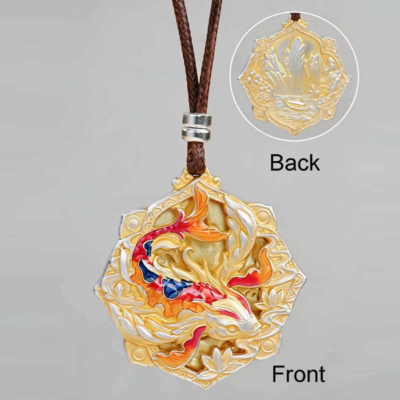 Nimara Ritual 999 Sterling Silver Colorful Koi Fish Carved Luck Necklace Pendant