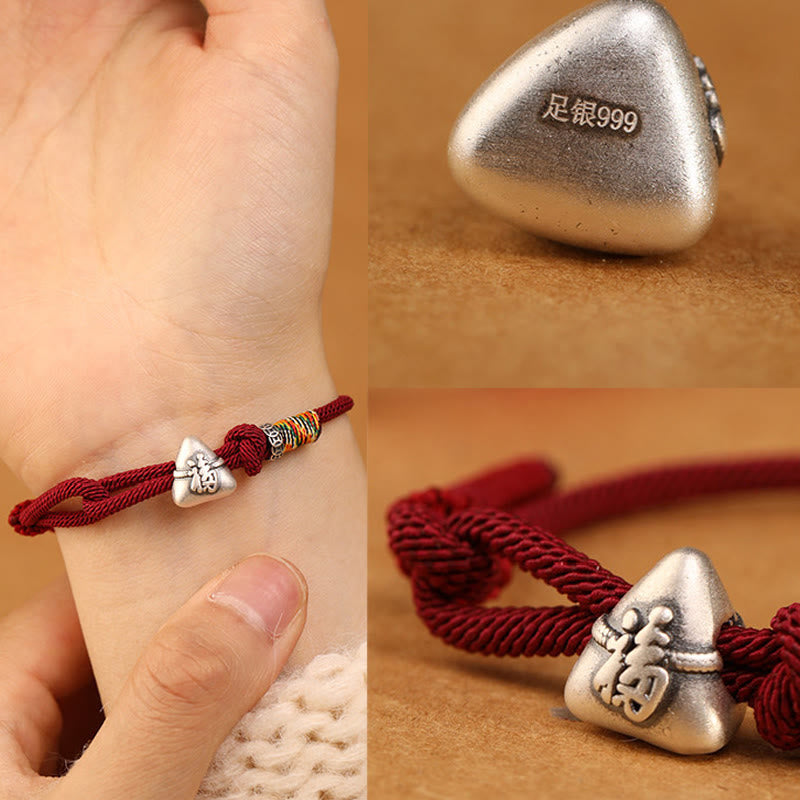 Nimara Ritual 999 Sterling Silver Fu Character Zongzi Fortune Luck Rope Bracelet