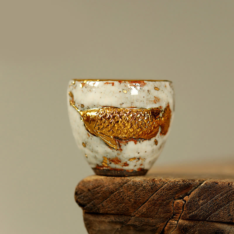 Nimara Ritual Handcrafted Golden Arowana Koi Fish Ceramic Teacup Kung Fu Tea Cup Teapot