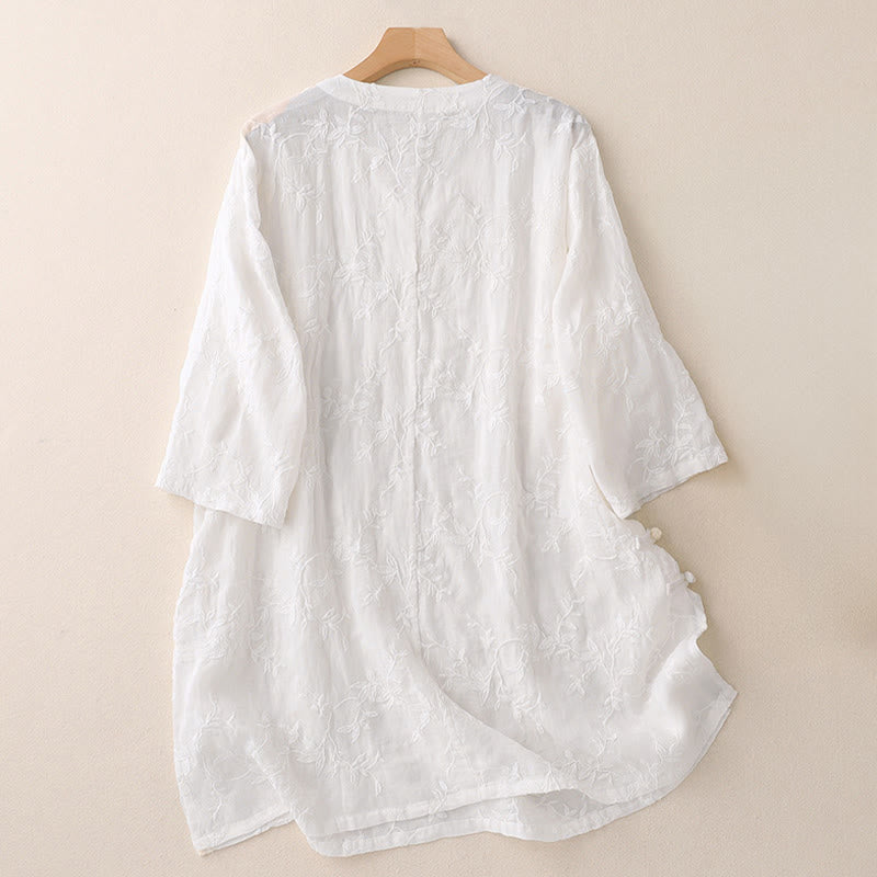 Nimara Ritual Spring V-Neck Long Sleeve Leaf Pattern Women's Cotton Shirt