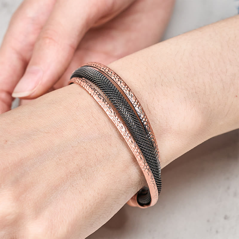 Balance and Luck Retro Textured Flower Pattern Twisted Copper Open Cuff Bracelet Bangle