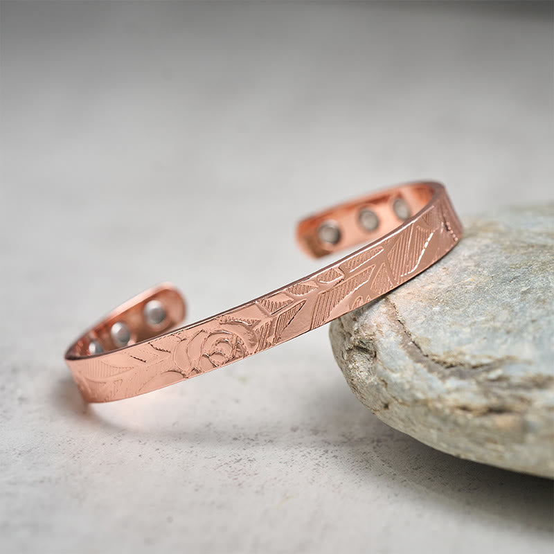 Nimara Ritual Rose Flower Pattern Copper Balance Luck Open Cuff Bracelet Bangle