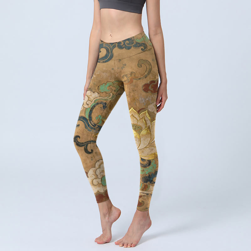 Nimara Ritual Traditional Lotus Flower Cloud Pattern Print Gym Leggings Women's Yoga Pants
