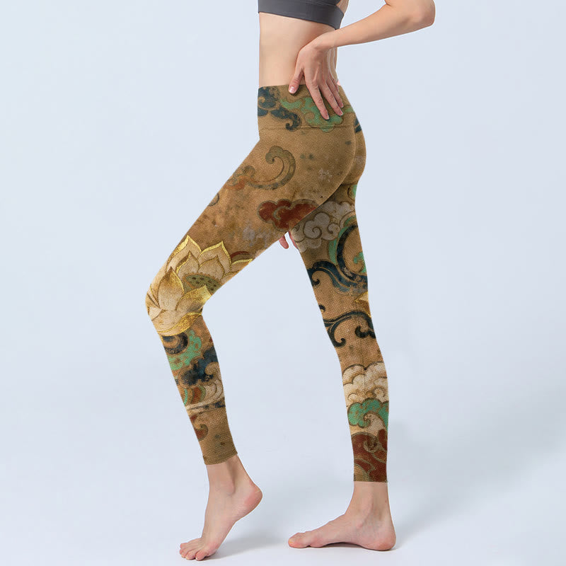 Nimara Ritual Traditional Lotus Flower Cloud Pattern Print Gym Leggings Women's Yoga Pants