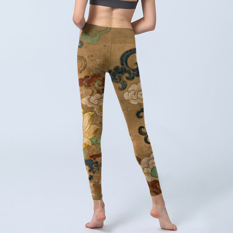 Nimara Ritual Traditional Lotus Flower Cloud Pattern Print Gym Leggings Women's Yoga Pants