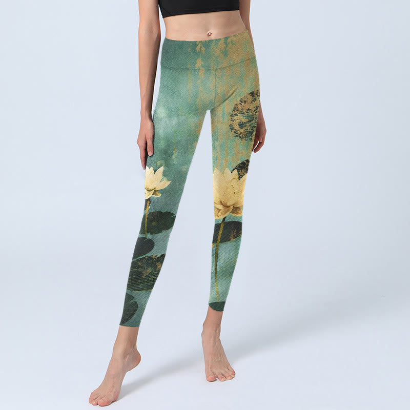 Nimara Ritual Classical Lotus Flower Leaf Pattern Print Gym Leggings Women's Yoga Pants