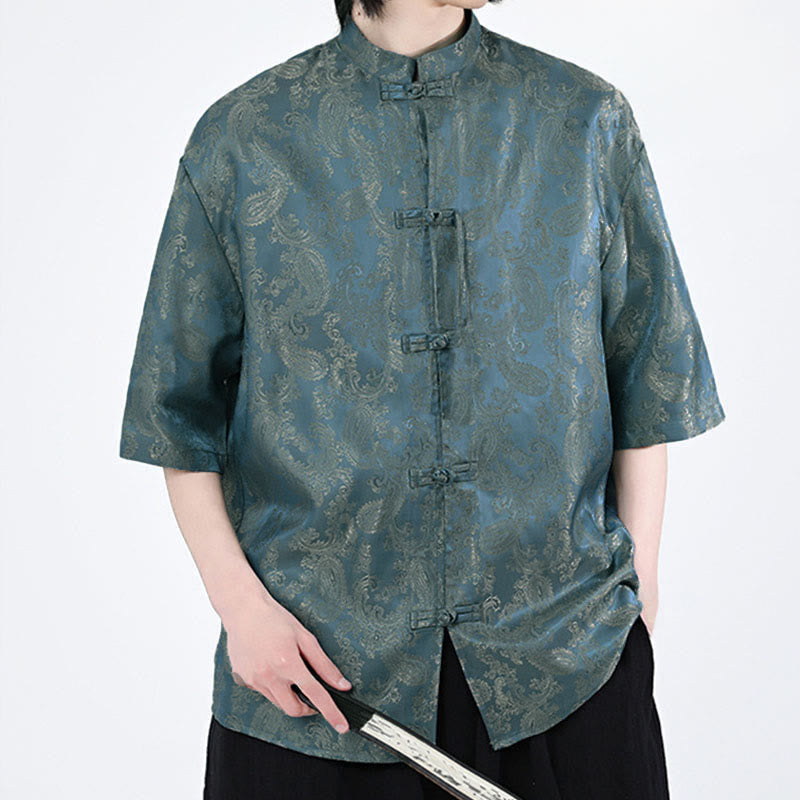 Nimara Ritual Summer Frog-Button Half Sleeve Vine Leaf Flower Pattern Men's Shirt