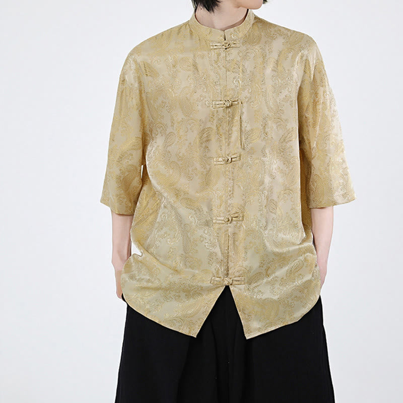 Nimara Ritual Summer Frog-Button Half Sleeve Vine Leaf Flower Pattern Men's Shirt
