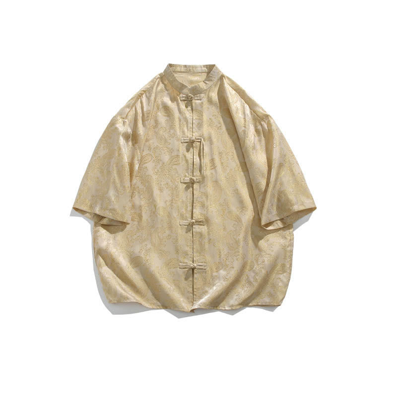 Nimara Ritual Summer Frog-Button Half Sleeve Vine Leaf Flower Pattern Men's Shirt
