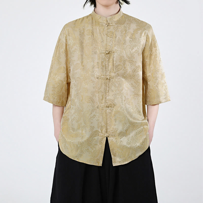 Nimara Ritual Summer Frog-Button Half Sleeve Vine Leaf Flower Pattern Men's Shirt