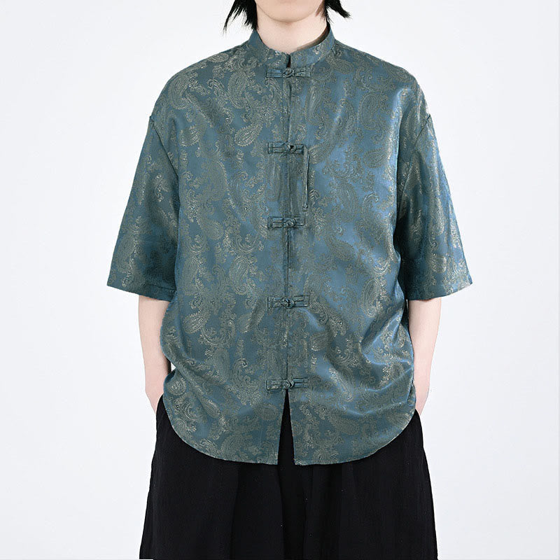 Nimara Ritual Summer Frog-Button Half Sleeve Vine Leaf Flower Pattern Men's Shirt